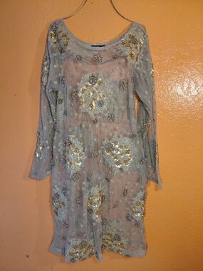 Cross Stitch Embellished Sheer Beige  Floral Embroidery And Bead Mesh Dress.